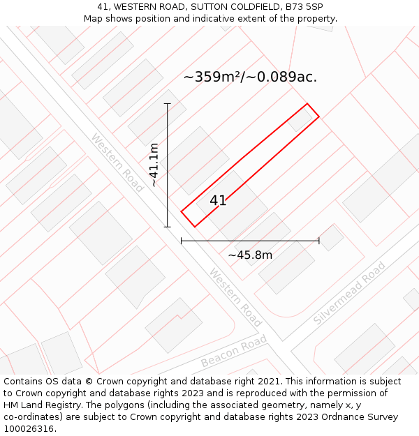 41, WESTERN ROAD, SUTTON COLDFIELD, B73 5SP: Plot and title map