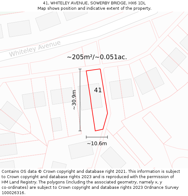41, WHITELEY AVENUE, SOWERBY BRIDGE, HX6 1DL: Plot and title map