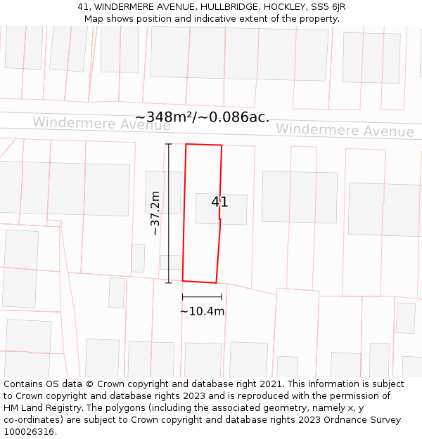41, WINDERMERE AVENUE, HULLBRIDGE, HOCKLEY, SS5 6JR: Plot and title map