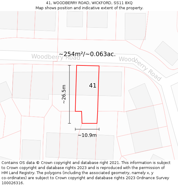 41, WOODBERRY ROAD, WICKFORD, SS11 8XQ: Plot and title map