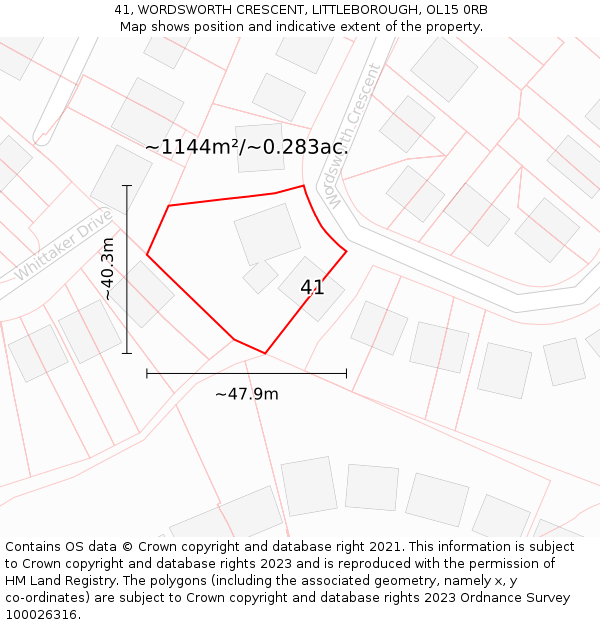41, WORDSWORTH CRESCENT, LITTLEBOROUGH, OL15 0RB: Plot and title map