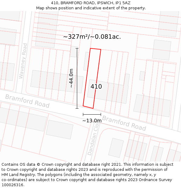 410, BRAMFORD ROAD, IPSWICH, IP1 5AZ: Plot and title map