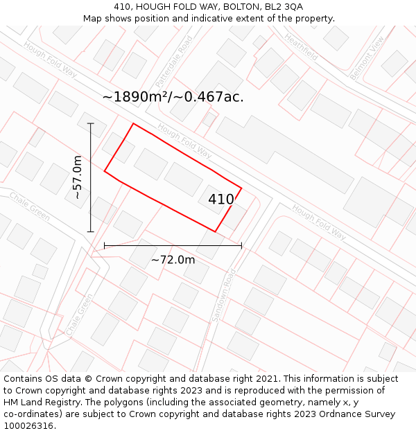 410, HOUGH FOLD WAY, BOLTON, BL2 3QA: Plot and title map
