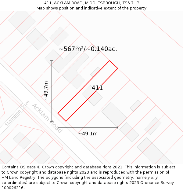 411, ACKLAM ROAD, MIDDLESBROUGH, TS5 7HB: Plot and title map