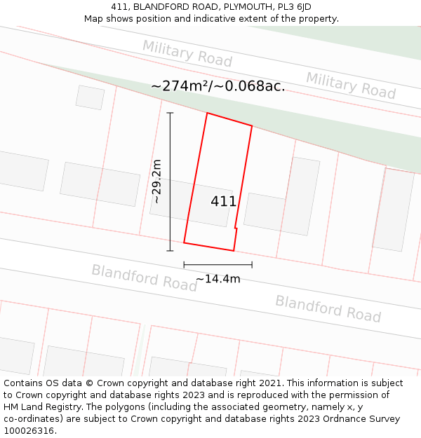 411, BLANDFORD ROAD, PLYMOUTH, PL3 6JD: Plot and title map