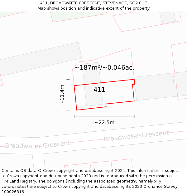 411, BROADWATER CRESCENT, STEVENAGE, SG2 8HB: Plot and title map