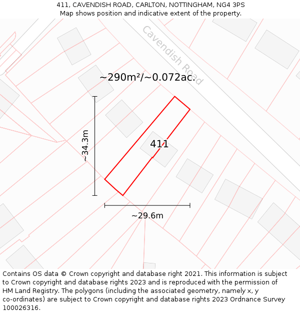 411, CAVENDISH ROAD, CARLTON, NOTTINGHAM, NG4 3PS: Plot and title map