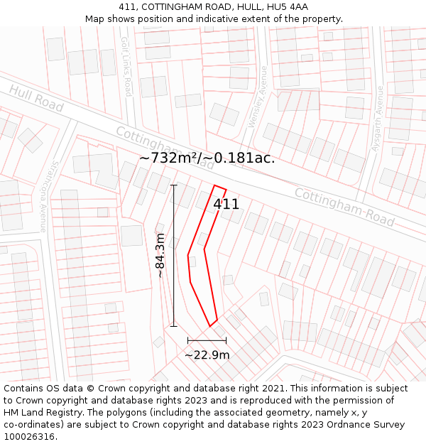 411, COTTINGHAM ROAD, HULL, HU5 4AA: Plot and title map