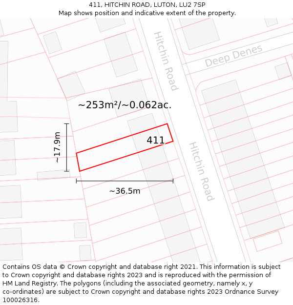 411, HITCHIN ROAD, LUTON, LU2 7SP: Plot and title map