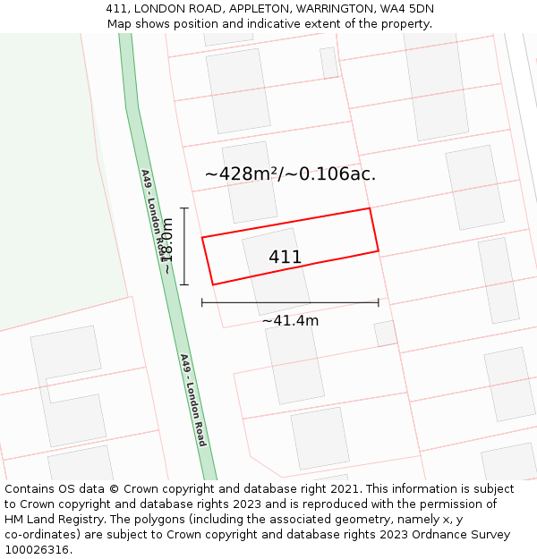 411, LONDON ROAD, APPLETON, WARRINGTON, WA4 5DN: Plot and title map