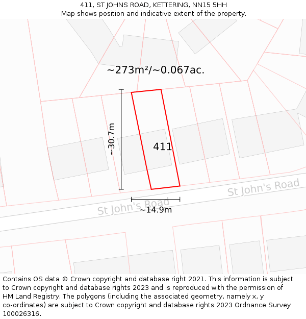 411, ST JOHNS ROAD, KETTERING, NN15 5HH: Plot and title map