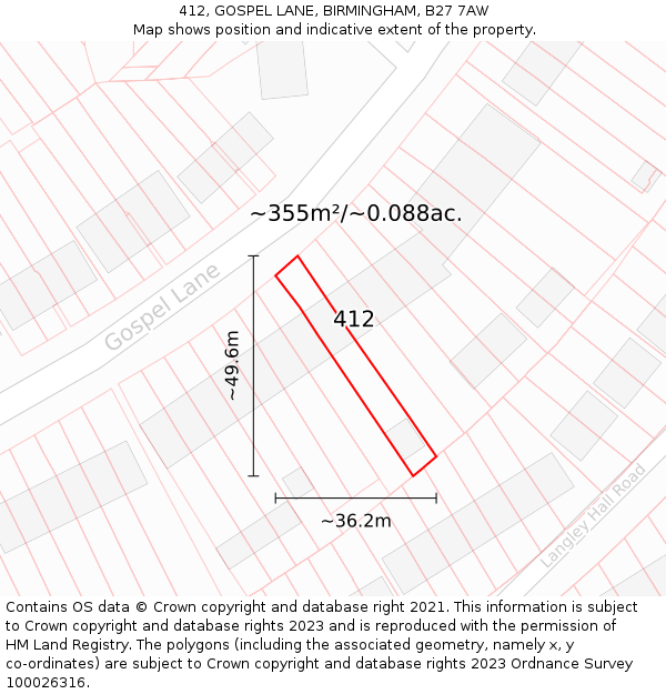 412, GOSPEL LANE, BIRMINGHAM, B27 7AW: Plot and title map