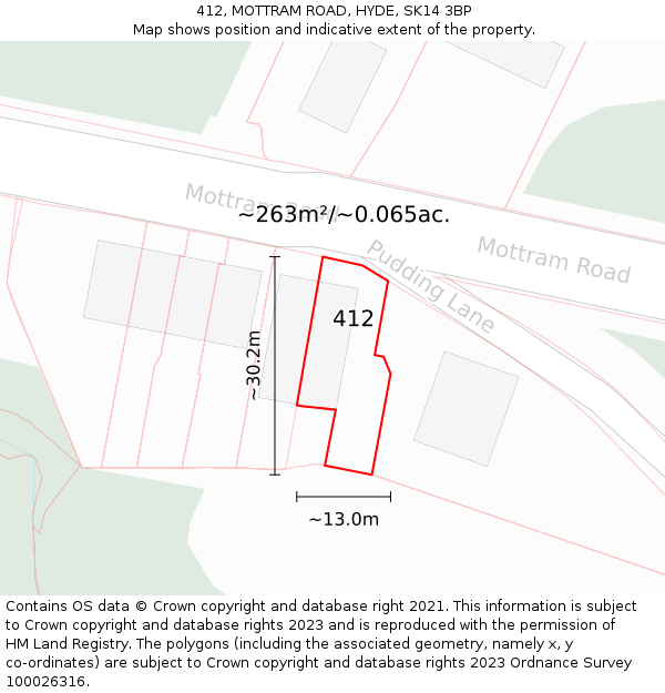 412, MOTTRAM ROAD, HYDE, SK14 3BP: Plot and title map