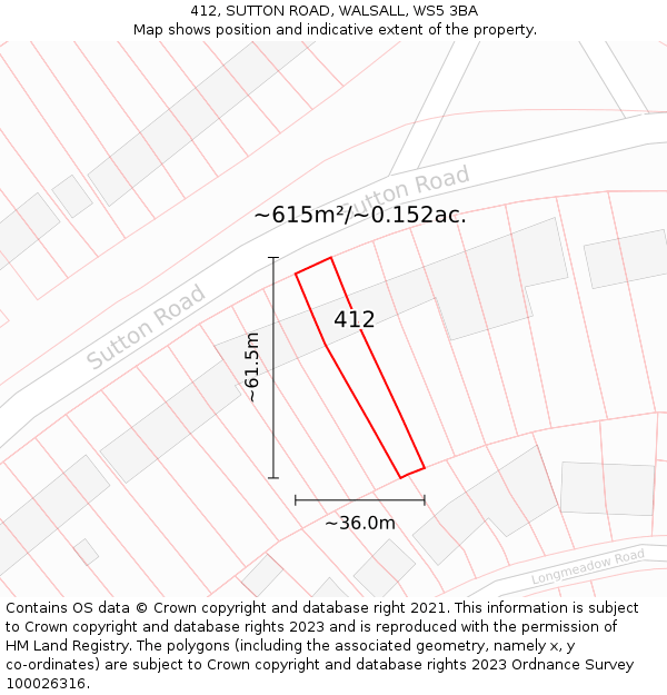 412, SUTTON ROAD, WALSALL, WS5 3BA: Plot and title map