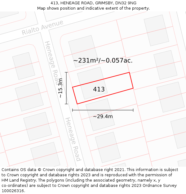 413, HENEAGE ROAD, GRIMSBY, DN32 9NG: Plot and title map