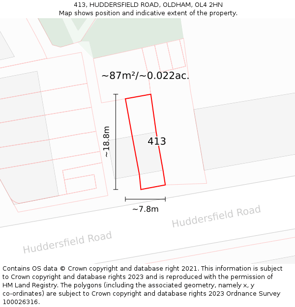 413, HUDDERSFIELD ROAD, OLDHAM, OL4 2HN: Plot and title map