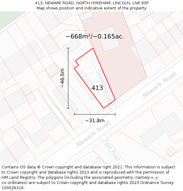 413, NEWARK ROAD, NORTH HYKEHAM, LINCOLN, LN6 9SP: Plot and title map