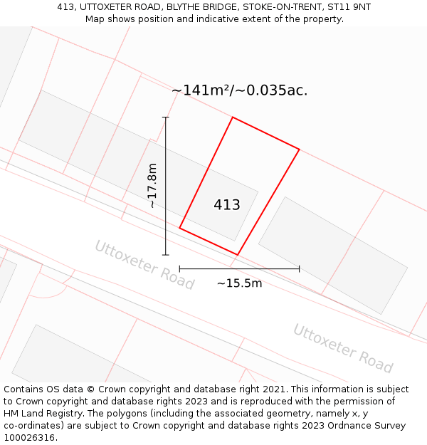413, UTTOXETER ROAD, BLYTHE BRIDGE, STOKE-ON-TRENT, ST11 9NT: Plot and title map