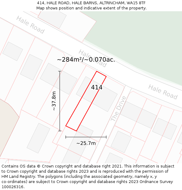 414, HALE ROAD, HALE BARNS, ALTRINCHAM, WA15 8TF: Plot and title map