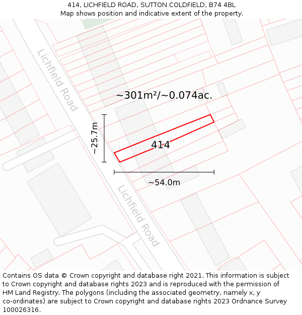 414, LICHFIELD ROAD, SUTTON COLDFIELD, B74 4BL: Plot and title map