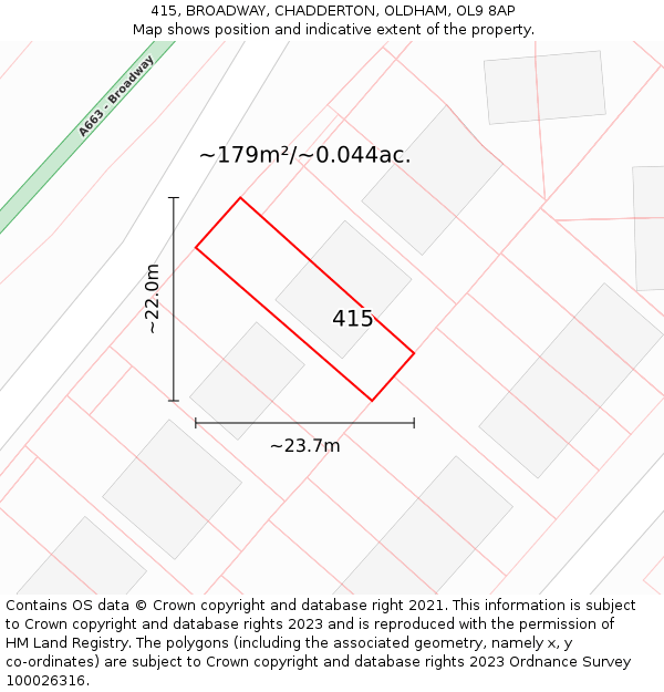 415, BROADWAY, CHADDERTON, OLDHAM, OL9 8AP: Plot and title map