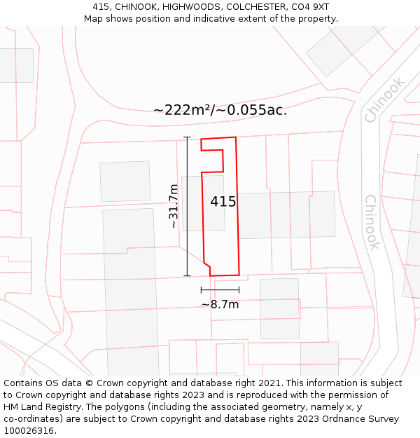 415, CHINOOK, HIGHWOODS, COLCHESTER, CO4 9XT: Plot and title map