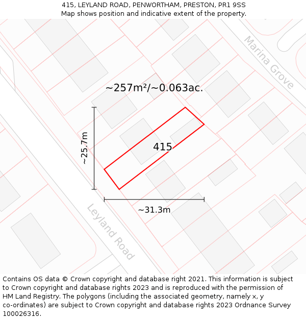 415, LEYLAND ROAD, PENWORTHAM, PRESTON, PR1 9SS: Plot and title map