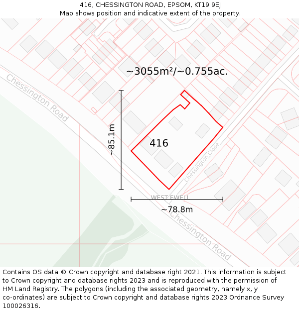 416, CHESSINGTON ROAD, EPSOM, KT19 9EJ: Plot and title map