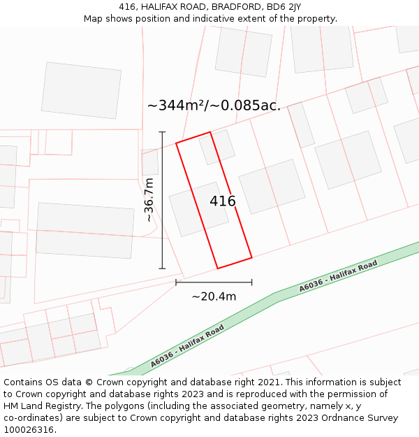416, HALIFAX ROAD, BRADFORD, BD6 2JY: Plot and title map