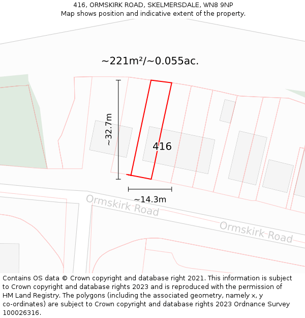 416, ORMSKIRK ROAD, SKELMERSDALE, WN8 9NP: Plot and title map