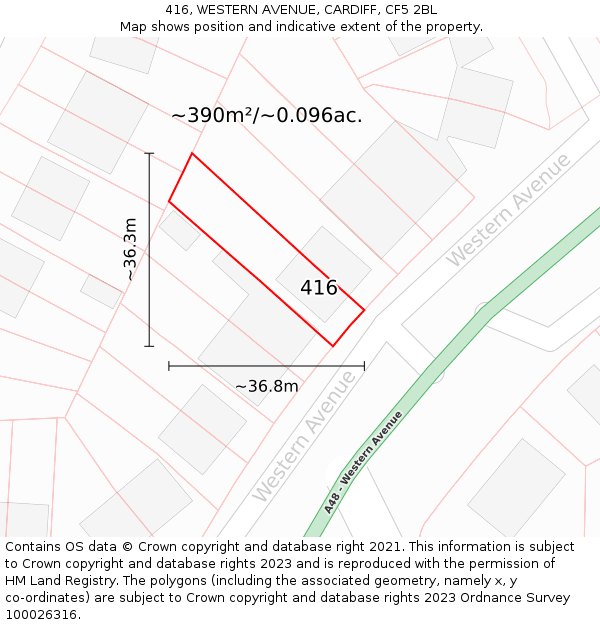 416, WESTERN AVENUE, CARDIFF, CF5 2BL: Plot and title map