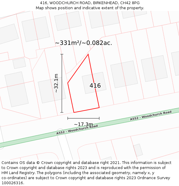 416, WOODCHURCH ROAD, BIRKENHEAD, CH42 8PG: Plot and title map