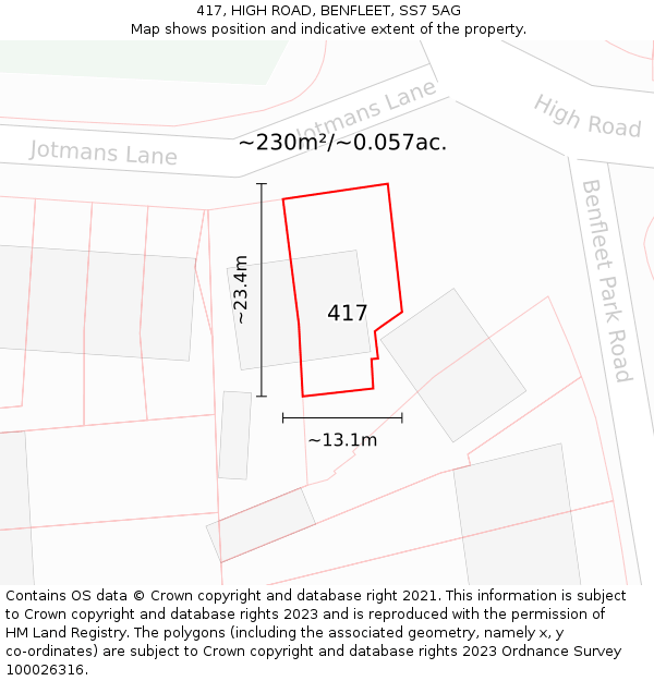 417, HIGH ROAD, BENFLEET, SS7 5AG: Plot and title map