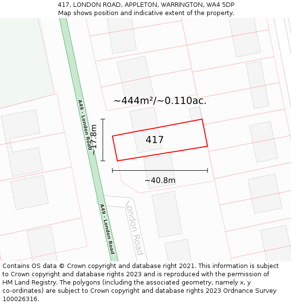 417, LONDON ROAD, APPLETON, WARRINGTON, WA4 5DP: Plot and title map