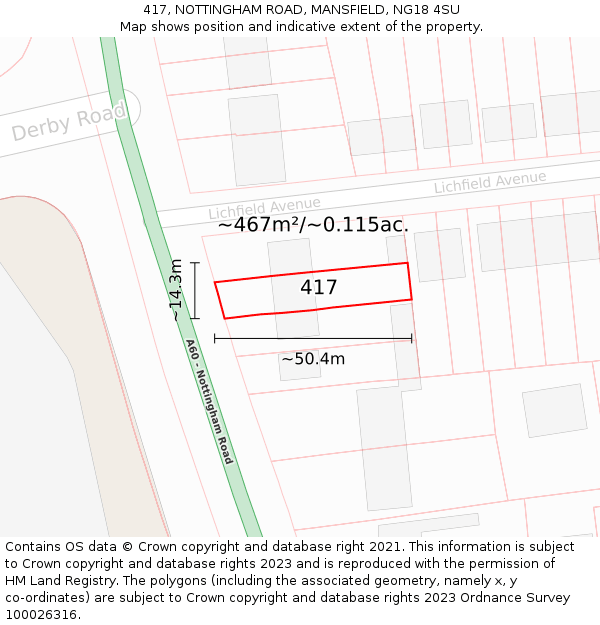 417, NOTTINGHAM ROAD, MANSFIELD, NG18 4SU: Plot and title map