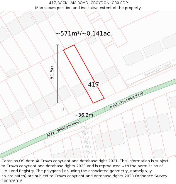 417, WICKHAM ROAD, CROYDON, CR0 8DP: Plot and title map