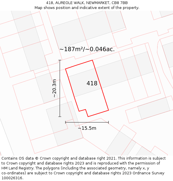 418, AUREOLE WALK, NEWMARKET, CB8 7BB: Plot and title map