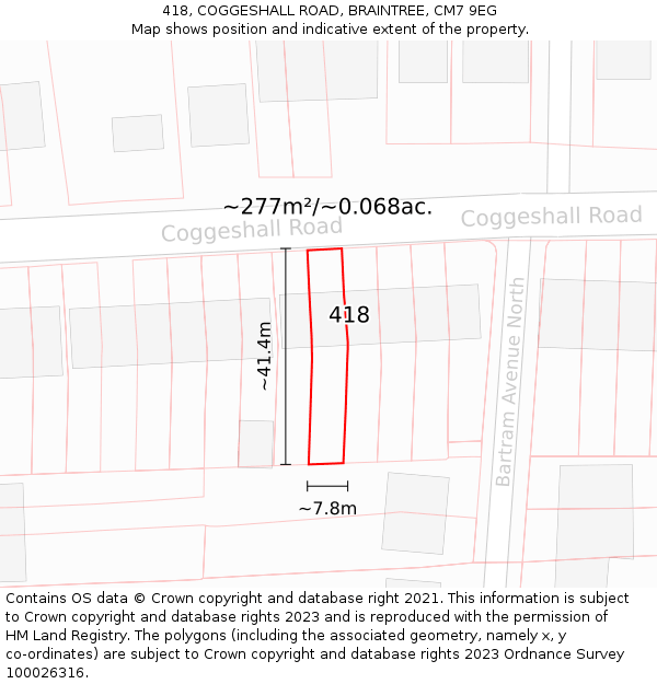 418, COGGESHALL ROAD, BRAINTREE, CM7 9EG: Plot and title map