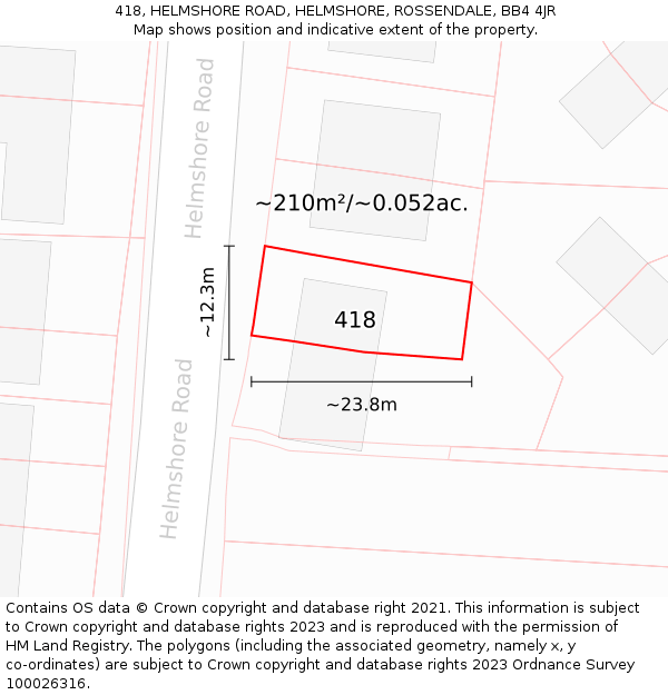 418, HELMSHORE ROAD, HELMSHORE, ROSSENDALE, BB4 4JR: Plot and title map