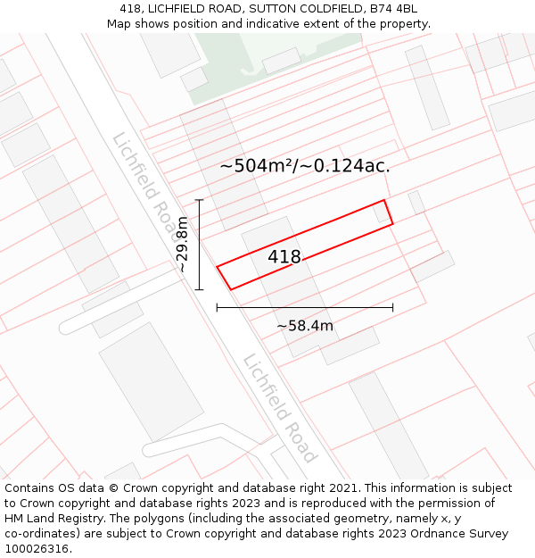 418, LICHFIELD ROAD, SUTTON COLDFIELD, B74 4BL: Plot and title map