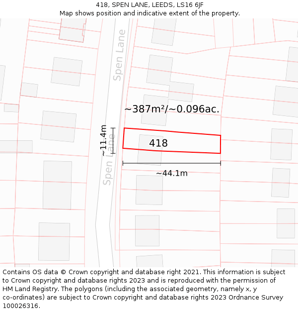 418, SPEN LANE, LEEDS, LS16 6JF: Plot and title map