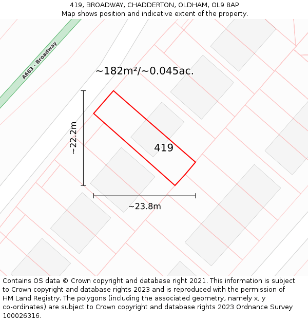 419, BROADWAY, CHADDERTON, OLDHAM, OL9 8AP: Plot and title map