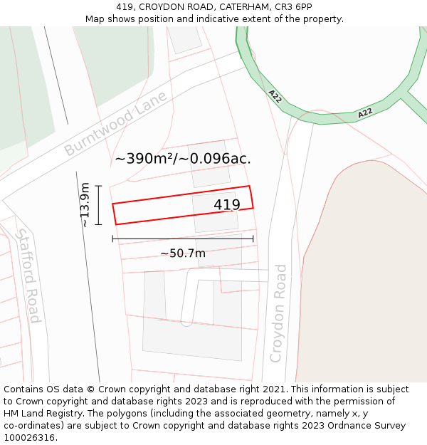 419, CROYDON ROAD, CATERHAM, CR3 6PP: Plot and title map
