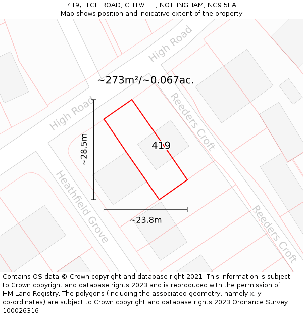 419, HIGH ROAD, CHILWELL, NOTTINGHAM, NG9 5EA: Plot and title map