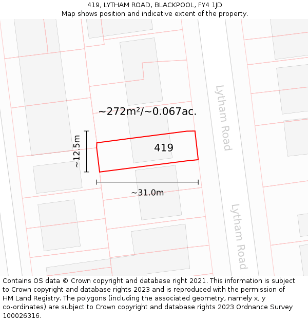 419, LYTHAM ROAD, BLACKPOOL, FY4 1JD: Plot and title map