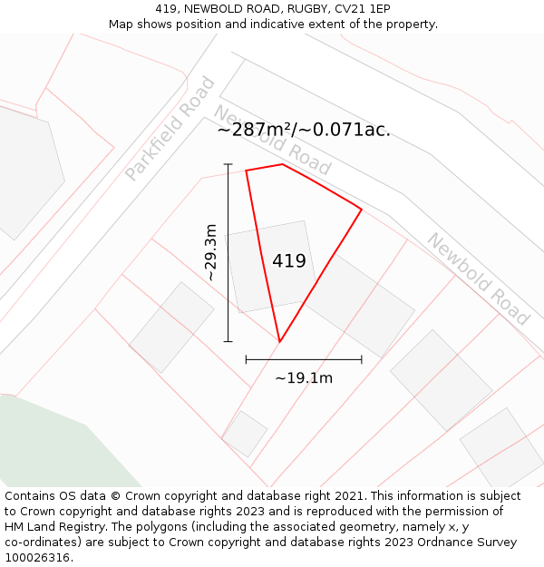 419, NEWBOLD ROAD, RUGBY, CV21 1EP: Plot and title map
