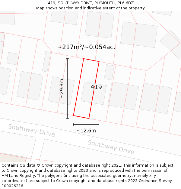419, SOUTHWAY DRIVE, PLYMOUTH, PL6 6BZ: Plot and title map