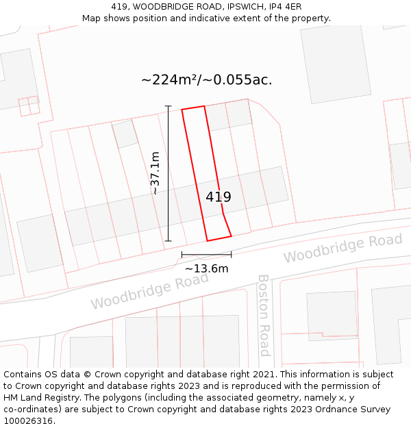 419, WOODBRIDGE ROAD, IPSWICH, IP4 4ER: Plot and title map