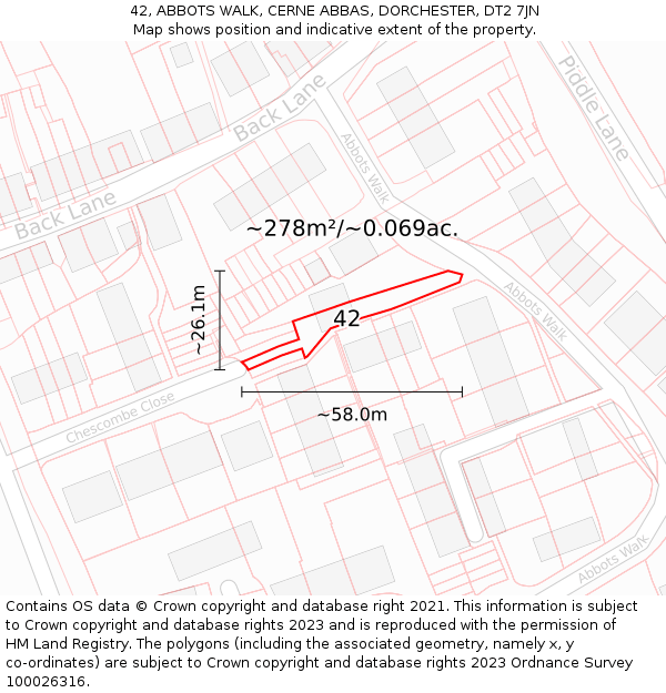 42, ABBOTS WALK, CERNE ABBAS, DORCHESTER, DT2 7JN: Plot and title map