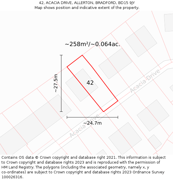 42, ACACIA DRIVE, ALLERTON, BRADFORD, BD15 9JY: Plot and title map